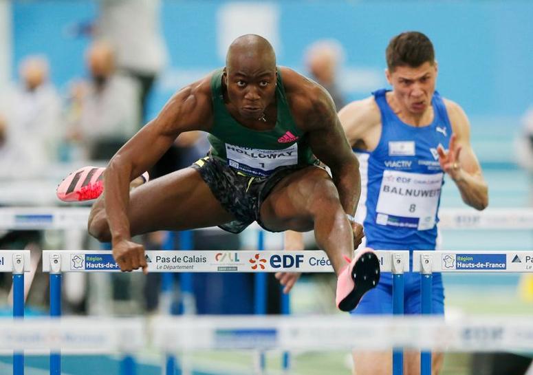 FILE PHOTO; Athletics - World Athletics Indoor Tour - Arena Stade Couvert, Lievin, France - February 9, 2021 Grant Holloway of the U.S. in action as he wins his 60m Hurdles heat REUTERS/Pascal Rossignol
