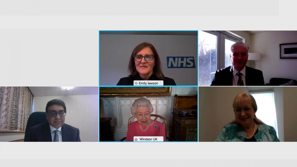 Britain's Queen Elizabeth speaks via video call to health leaders delivering the COVID-19 vaccine across England, Scotland, Wales and Northern Ireland, London, Britain February 25, 2021. (Top L-R) Dr Emily Lawson, Chief Commercial Officer, NHS England, De