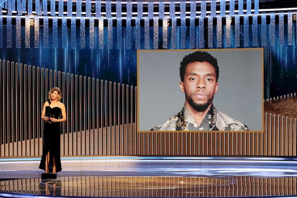 Renee Zellweger announces the late Chadwick Boseman as winner of the Best Actor - Motion Picture Drama award for 