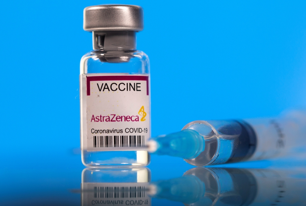 A vial labelled with the AstraZeneca coronavirus disease (COVID-19) vaccine is seen in this illustration picture taken March 19, 2021. REUTERS/Dado Ruvic/Illustration/File Photo
