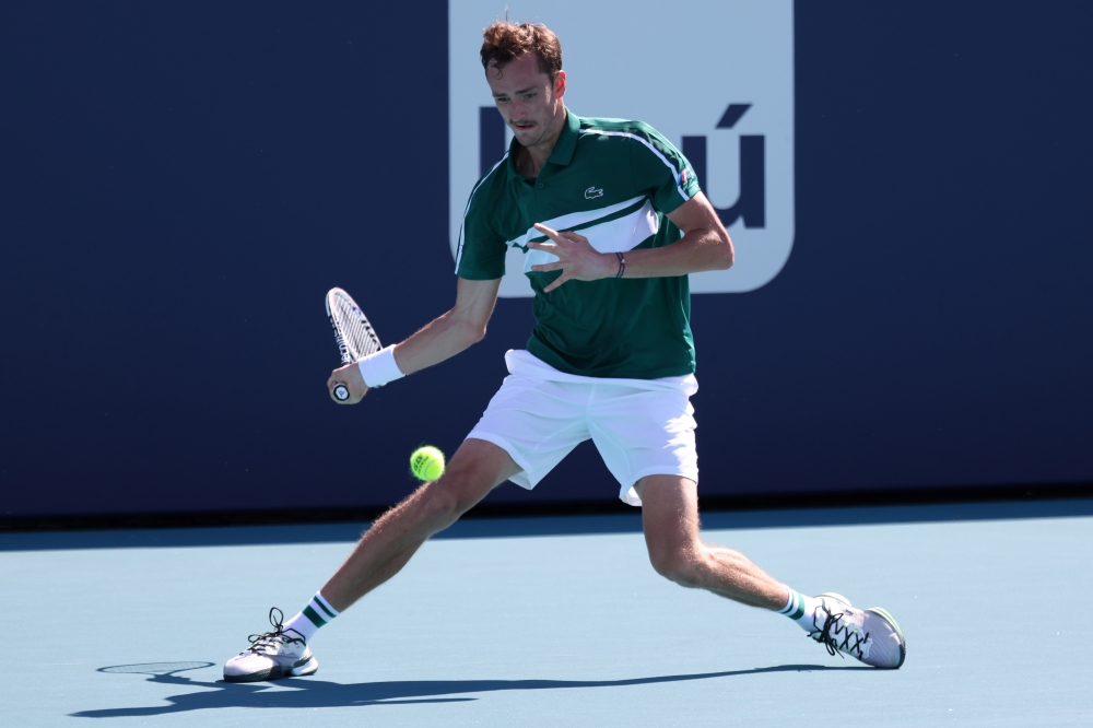 Daniil Medvedev of Russia hits a forehand against Yen-Hsun Lu of Chinese Paipei (not pictured) in the second round in the Miami Open at Hard Rock Stadium. Geoff Burke-USA TODAY Sports