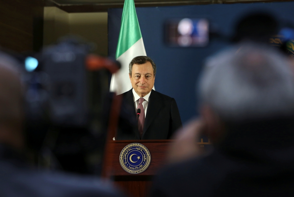 Italian Prime Minister Mario Draghi is seen during a joint news conference with Libyan Prime Minister Abdulhamid Dbeibeh (not pictured), in Tripoli, Libya April 6, 2021. REUTERS/Hazem Ahmed