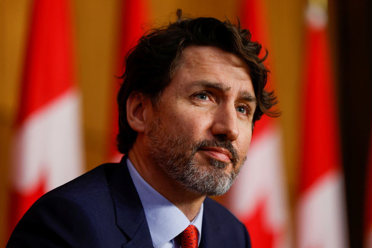 FILE PHOTO: Canada's Prime Minister Justin Trudeau looks on during a news conference in Ottawa, Ontario, Canada March 30, 2021. REUTERS/Blair Gable/File Photo
