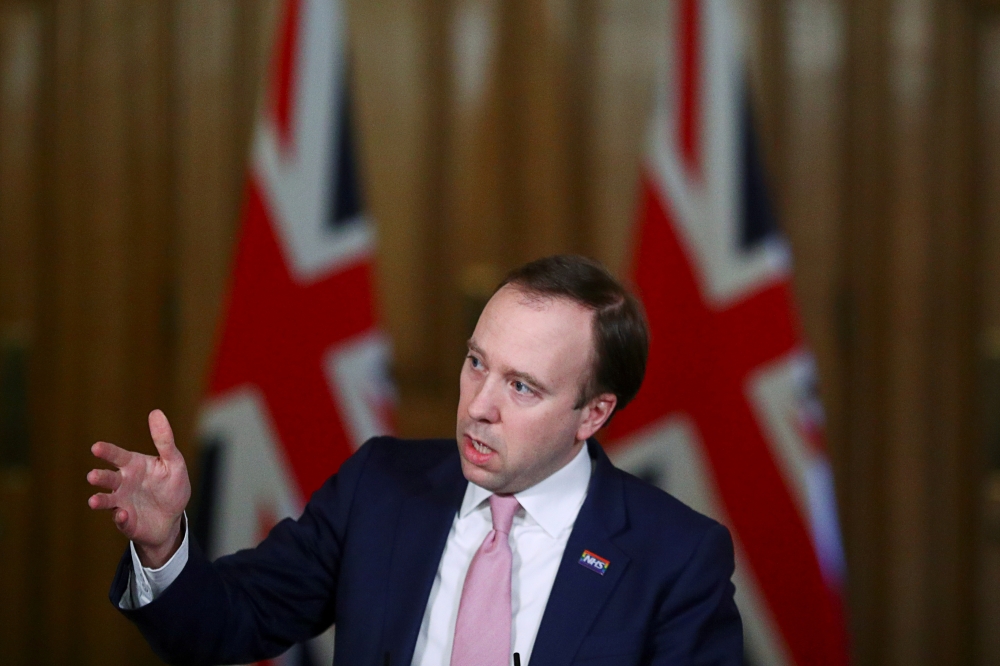 File photo of Britain's Health Secretary Matt Hancock at 10 Downing Street, amid the coronavirus disease (COVID-19) outbreak, in London, Britain March 17, 2021. Reuters/Hannah McKay/Pool/File Photo