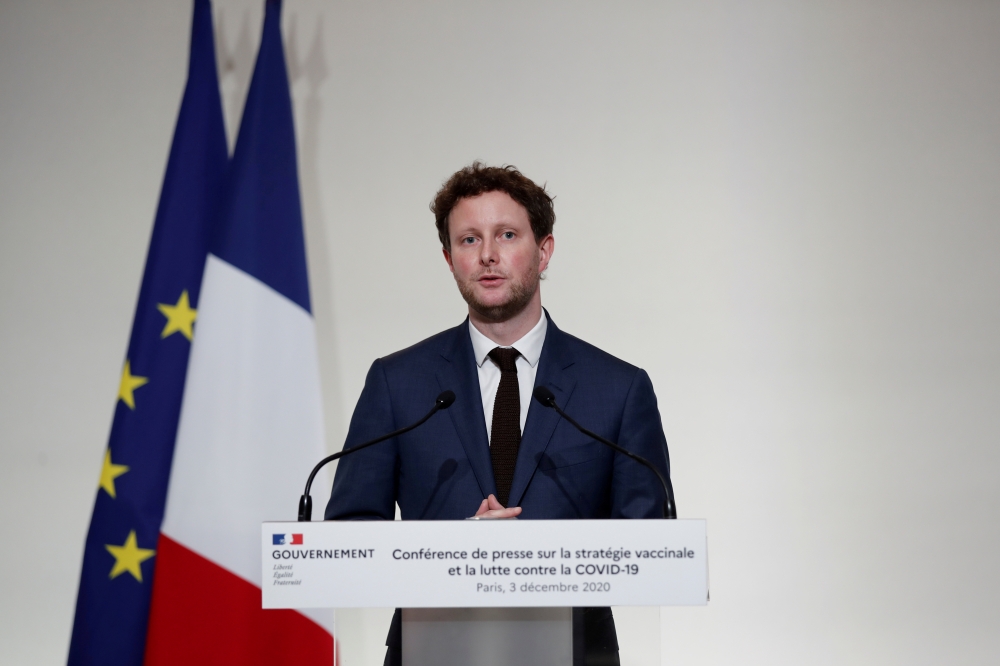 File photo: French Junior Minister for European Affairs Clement Beaune speaks during a press conference to outline France's strategy for the deployment of future COVID-19 vaccines, in Paris as the coronavirus disease outbreak continues in France, December
