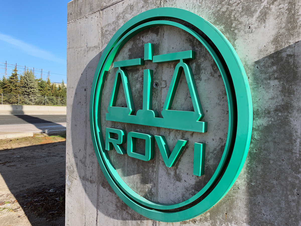 FILE PHOTO: The logo of Spanish pharmaceutical firm Rovi, in charge of the 