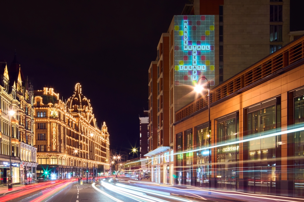 Scrabble words, that reflect the mood of the nation as the coronavirus disease (COVID-19) lockdown eases and unveil the new brand look, are displayed at Knightsbridge near Harrods in London, Britain in this undated handout photo. Mattel/Michael Bowles/Han