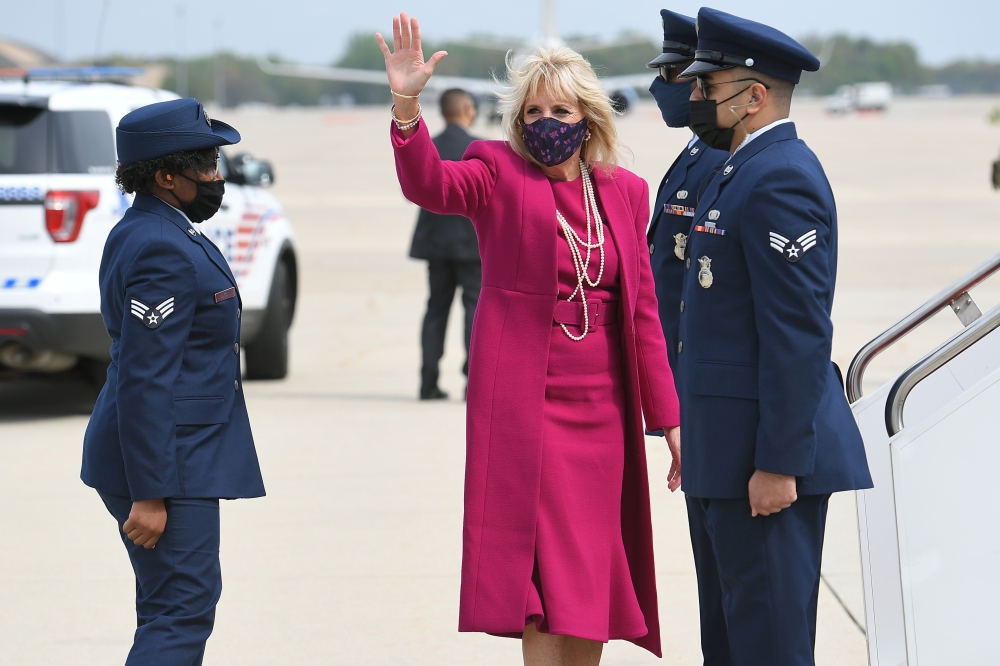 US First Lady Jill Biden makes her way to board a plane before departing from Andrews Air Force Base to travel to New Mexico and Arizona, in Maryland, U.S. April 21, 2021.Mandel Ngan/Pool via REUTERS