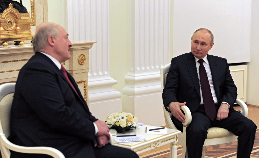 Russian President Vladimir Putin attends a meeting with his Belarusian counterpart Alexander Lukashenko in Moscow, Russia April 22, 2021. Sputnik/Mikhail Klimentyev