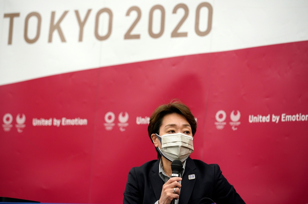 Tokyo 2020 Organizing Committee President Seiko Hashimoto speaks during a media conference after attending a five-party meeting of the Tokyo 2020 Olympic and Paralympic Games in Tokyo, Japan April 28, 2021. Franck Robichon/Pool via REUTERS