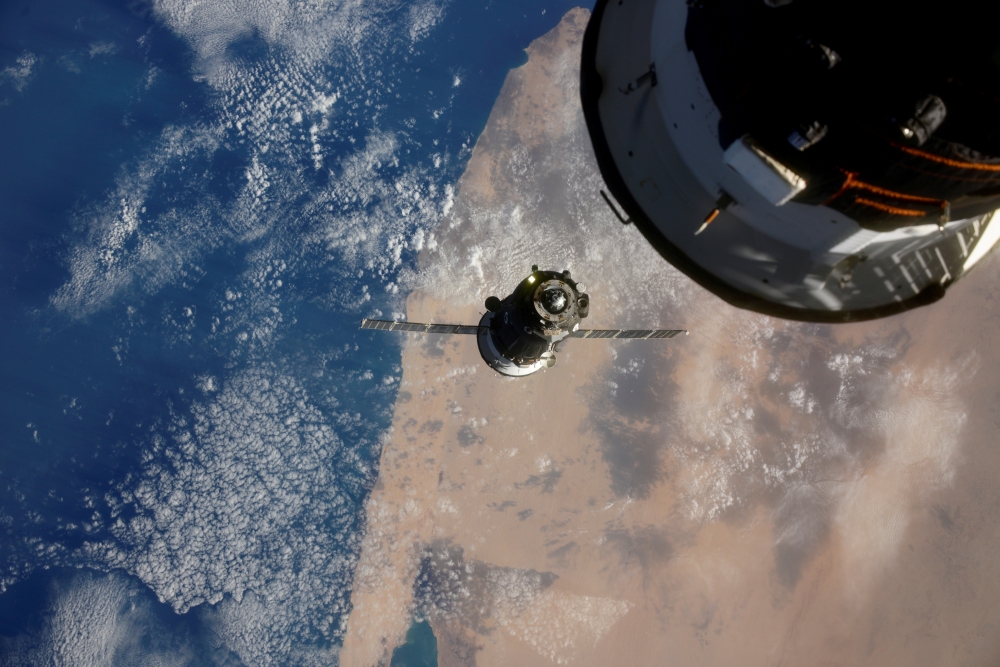 The Soyuz MS-17 spacecraft is seen before docking to Rassvet module of the International Space Station (ISS), October 14, 2020, in this picture taken by Russian cosmonaut Ivan Vagner from the International Space Station (ISS). Ivan Vagner/Russian space ag