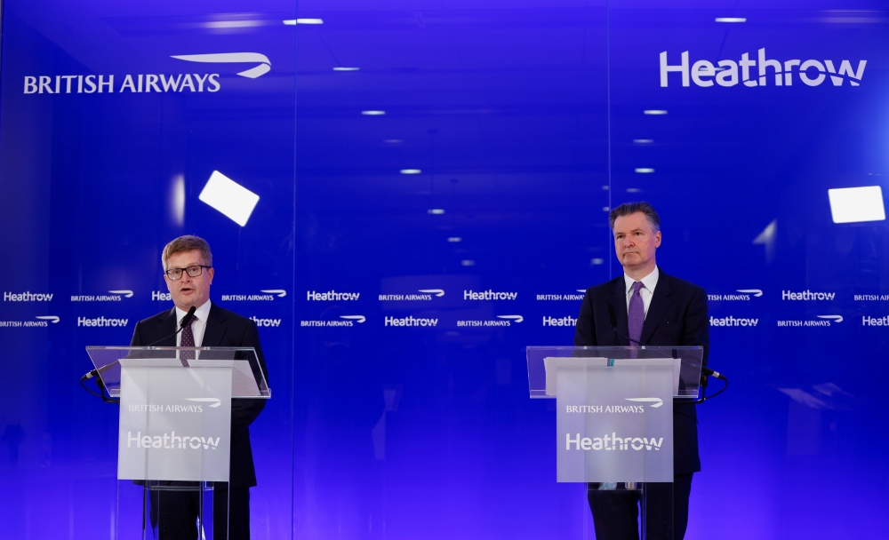 Heathrow Airport CEO John Holland-Kaye and British Airways CEO Sean Doyle hold a joint news conference at Heathrow Airport in London, Britain, May 17, 2021. Reuters/John Sibley
