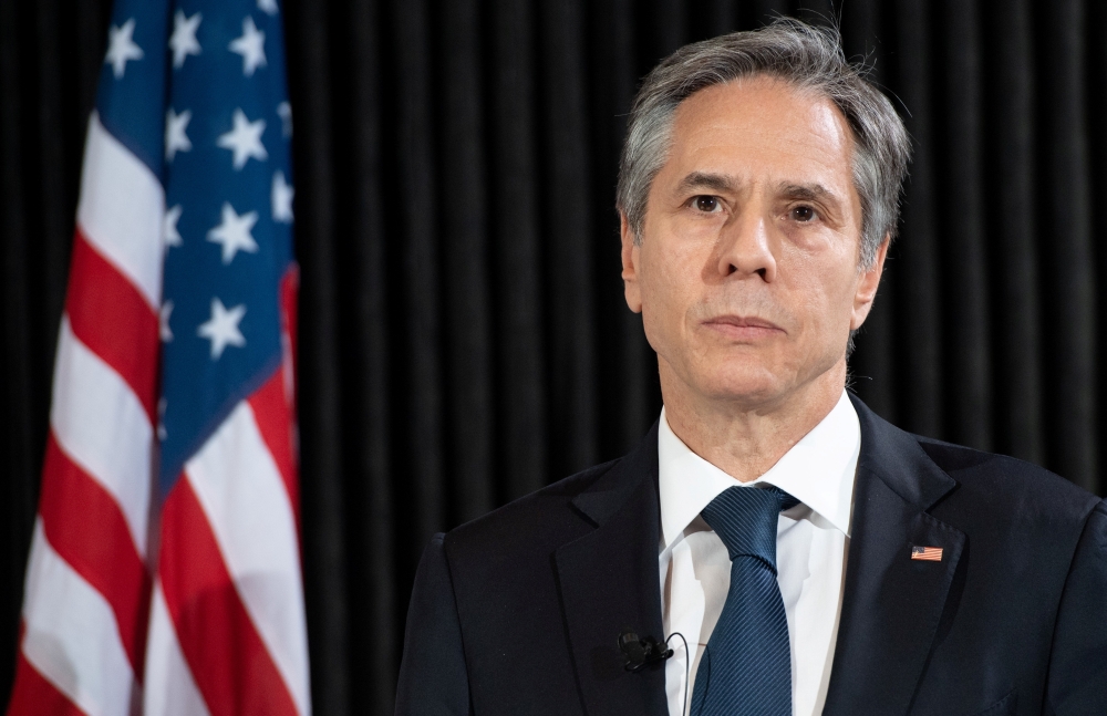 US Secretary of State Antony Blinken attends a news conference following meetings at the Danish Foreign Ministry, Eigtved's Warehouse, in Copenhagen, Denmark, May 17, 2021. Saul Loeb/Pool via Reuters