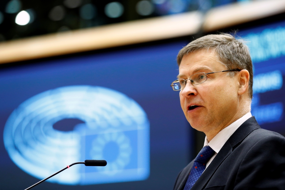 EU Commission Vice President Valdis Dombrovskis addresses the European Parliament in Brussels, Belgium, May 19, 2021. Reuters/Johanna Geron/Pool