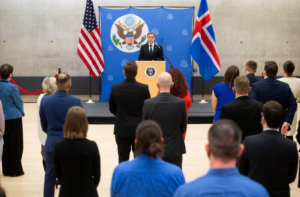 US Secretary of State Antony Blinken speaks to employees at the U.S. Embassy in Reykjavik, Iceland May 18, 2021. Saul Loeb/Pool via REUTERS