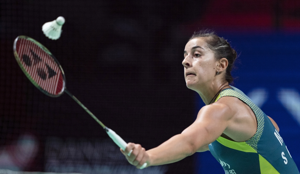 October 17, 2020 Spain's Carolina Marin in action during her semi final match against Germany's Yvonne Li Ritzau Scanpix via REUTERS/Claus Fisker