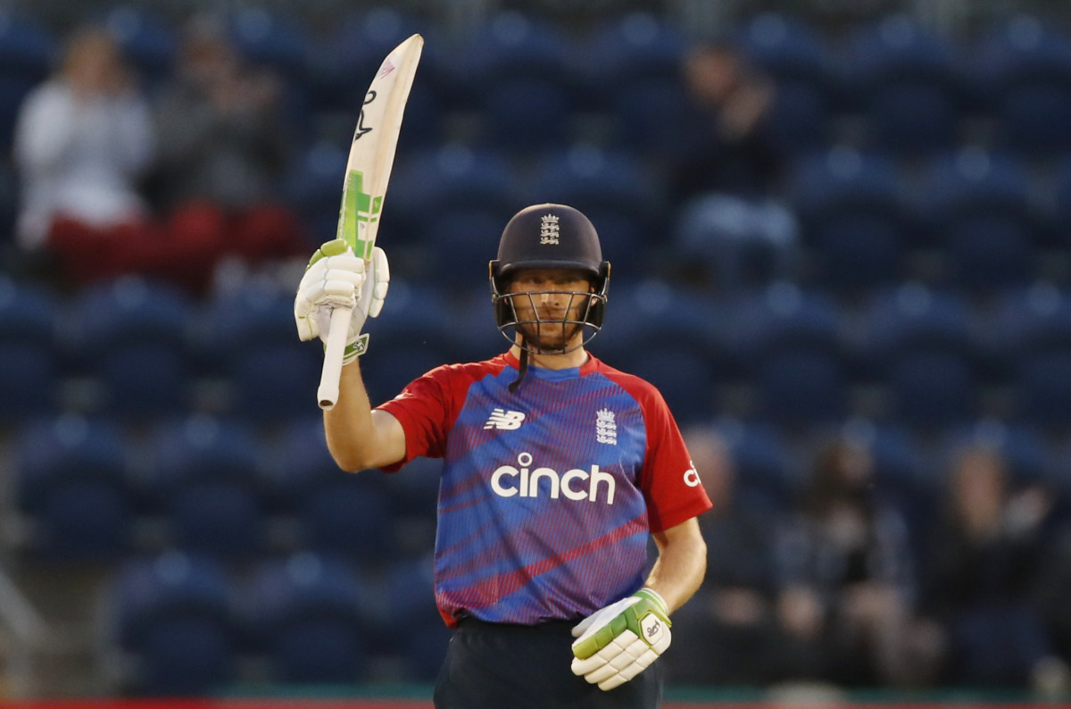 Cricket - International Twenty20 - England v Sri Lanka - Sophia Gardens, Cardiff, Britain - June 23, 2021 England's Jos Buttler celebrates reaching his half century Action Images via Reuters/Andrew Boyers
