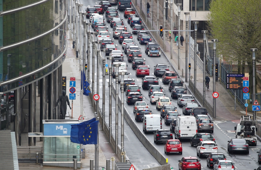 A view shows cars stuck in a traffic jam on a road heading towards central Brussels, Belgium, May 8, 2021. REUTERS/Yves Herman/File Photo