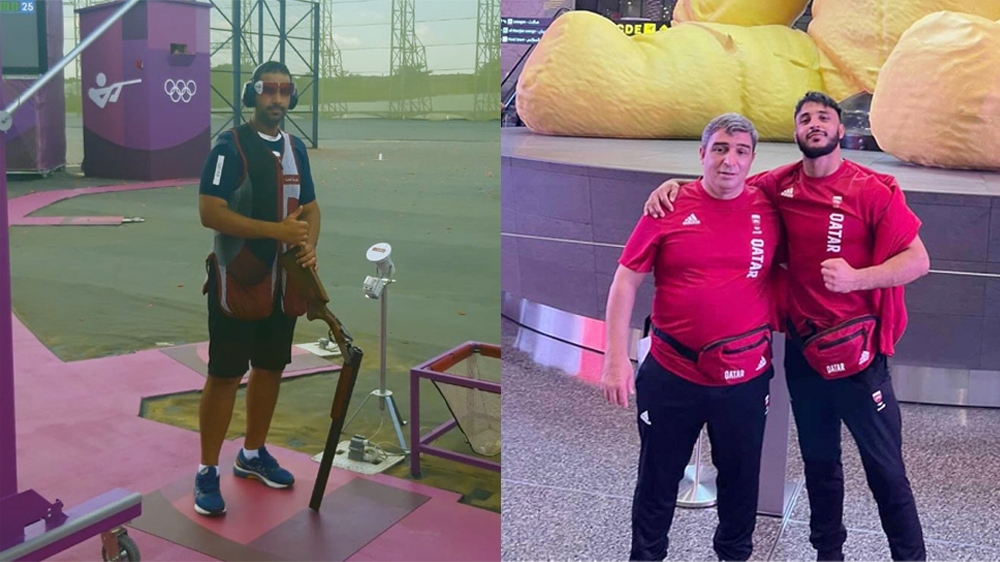 Qatari shooter Mohammed Al Rumaihi during a practice session in Tokyo, Japan, yesterday. RIGHT: Judoka Ayoub El Idrissi and an official prior to their departure for Tokyo.