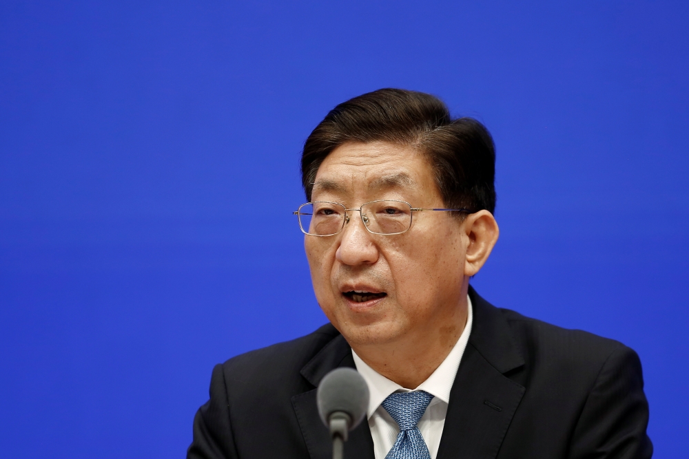 Zeng Yixin, vice minister of China's National Health Commission, attends a news conference on the origin-tracing of the coronavirus disease (COVID-19) in Beijing, China July 22, 2021. REUTERS/Shubing Wang