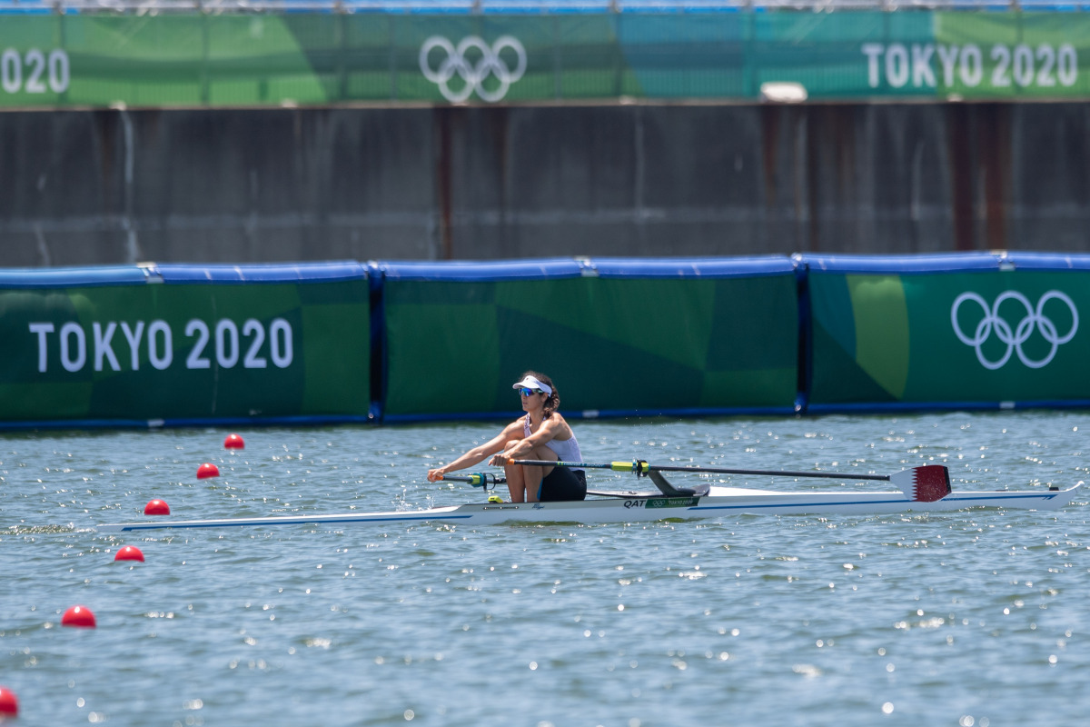 Qatar’s rower Tala Abujbara in action during a training session at the Sea Forest Waterway in Tokyo, Japan, yesterday. Tala will compete in the Women's Single Skulls heats today.