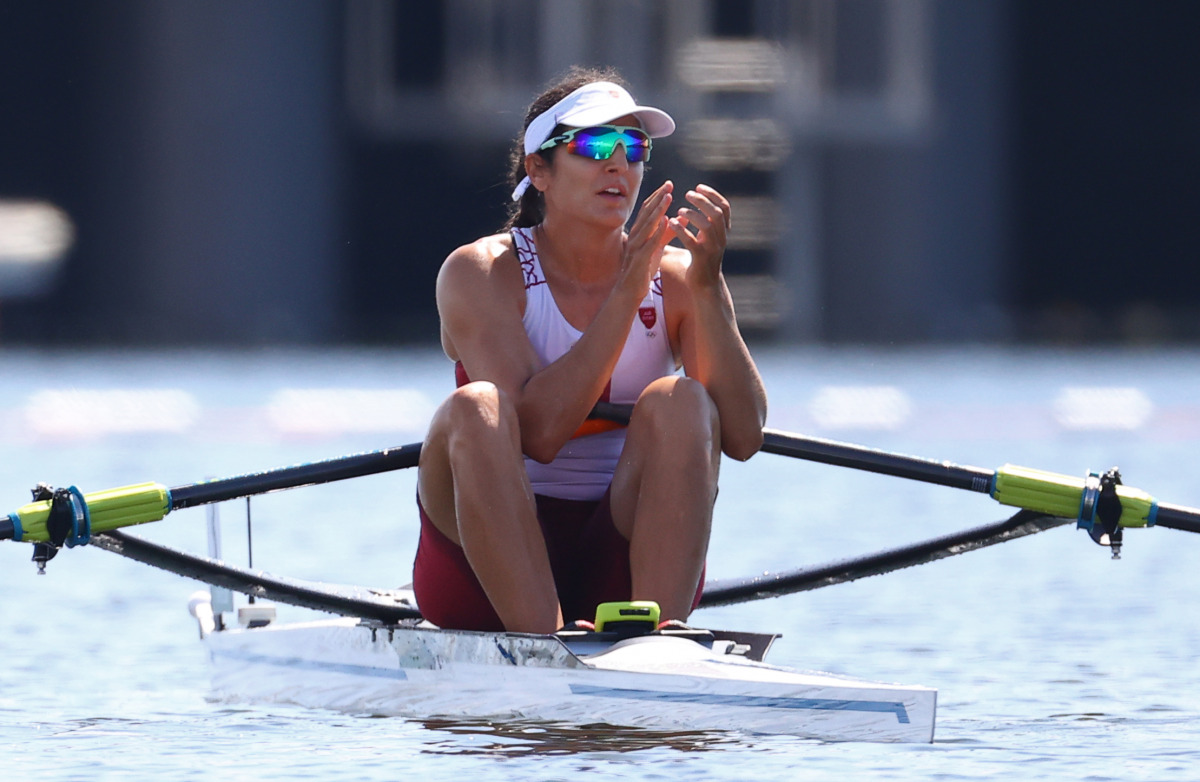 Tala Abujbara of Qatar reacts after finishing first in Women’s Single Sculls - Semifinal E/F at the Sea Forest Waterway in Tokyo, yesterday.