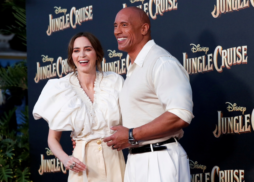 Cast members Dwayne Johnson and Emily Blunt attend the premiere for the film 