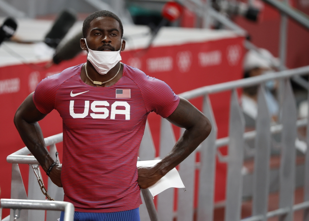 Trayvon Bromell of the United States reacts after Heat 2 (REUTERS/Phil Noble)