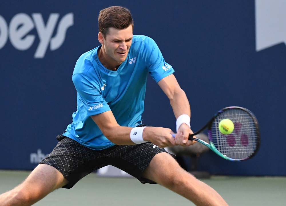 Hubert Hurkacz of Poland plays a shot against Daniil Medvedev of Russia during the quarter-finals of the National Bank Open at Aviva Centre. Dan Hamilton