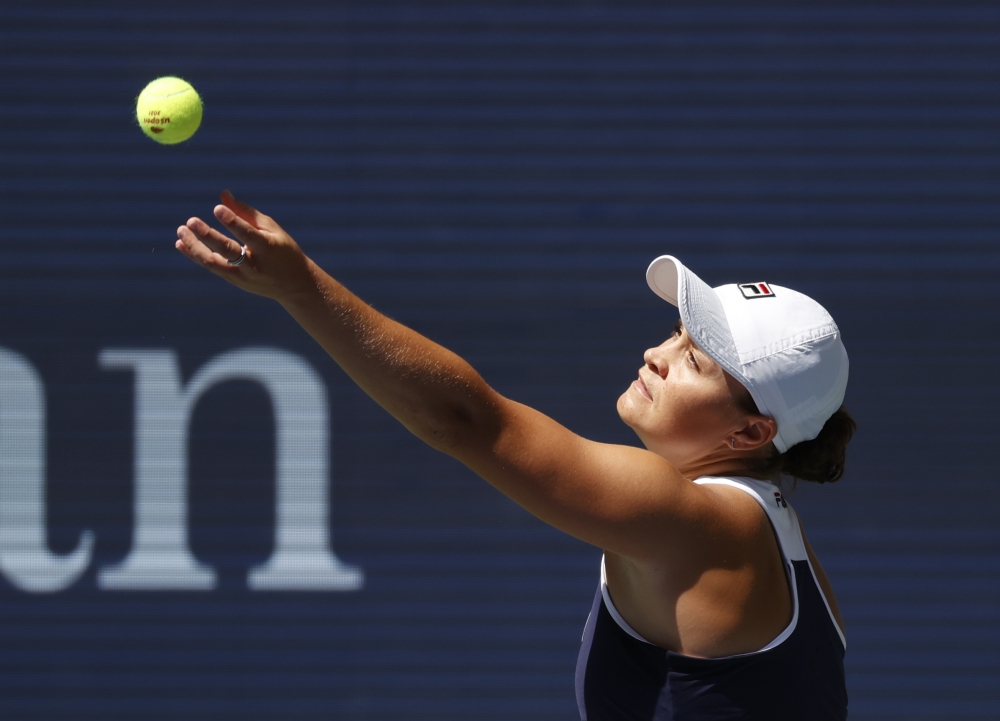 Ashleigh Barty of Australia serves against Clara Tauson of Denmark in a second round match on day four of the 2021 U.S. Open tennis tournament at USTA Billie Jean King National Tennis Center. Mandatory Credit: Jerry Lai-USA TODAY Sports