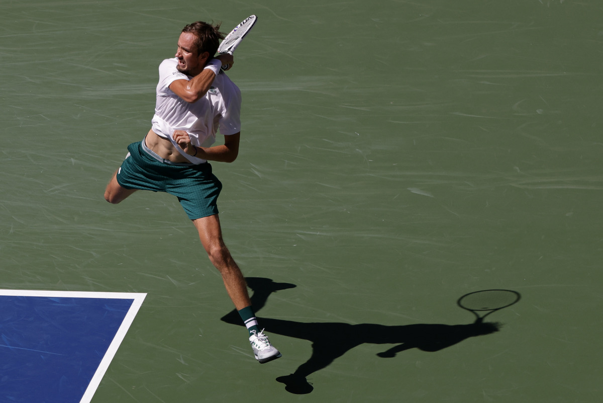 Sep 7, 2021; Flushing, NY, USA; Daniil Medvedev of Russia hits a forehand against Botic van de Zandschulp of the Netherlands (not pictured) on day nine of the 2021 U.S. Open tennis tournament at USTA Billie Jean King National Tennis Center. Mandatory Cred