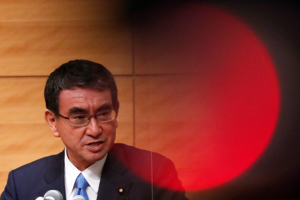 Taro Kono, Japan's vaccination programme chief and ruling Liberal Democratic Party (LDP) lawmaker, attends a news conference as he announces his candidacy for the party's presidential election in Tokyo, Japan, September 10, 2021. REUTERS/Issei Kato

