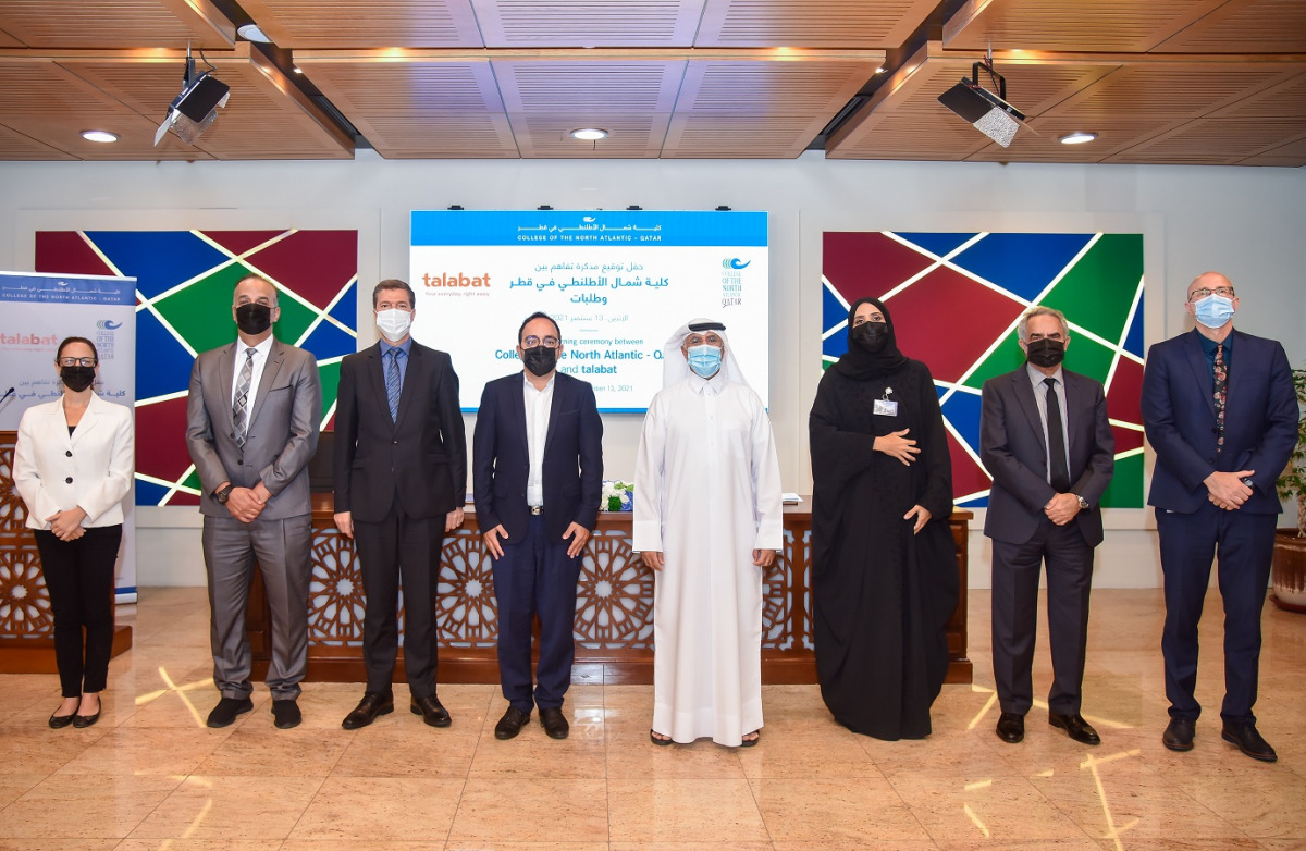 Dr. Salem Al Naemi, College of the North Atlantic – Qatar’s President; Dr. Aljazzi Fetais, Associate Vice President, Student Affairs at CNA-Q, and Francisco Miguel de Sousa, Managing Director - talabat Qatar and other officials at the MoU signing ceremony