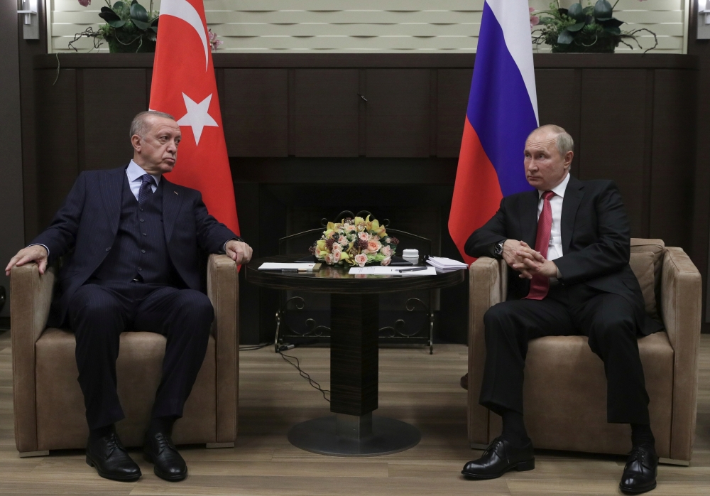 Russian President Vladimir Putin attends a meeting with Turkish President Tayyip Erdogan in Sochi, Russia September 29, 2021. Sputnik/Vladimir Smirnov