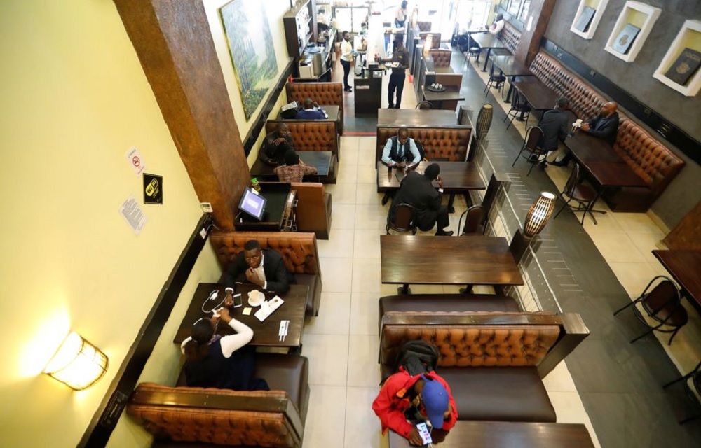 A general view shows clients inside the Cafe Deli restaurant during the reopening after weeks of lockdown restrictions amid the coronavirus disease (COVID-19) outbreak, along Kenyatta avenue in Nairobi, Kenya June 11, 2020. REUTERS/Thomas Mukoya