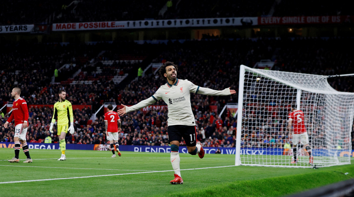 Liverpool's Mohamed Salah celebrates scoring their fifth goal and his hat-trick REUTERS/Phil Noble