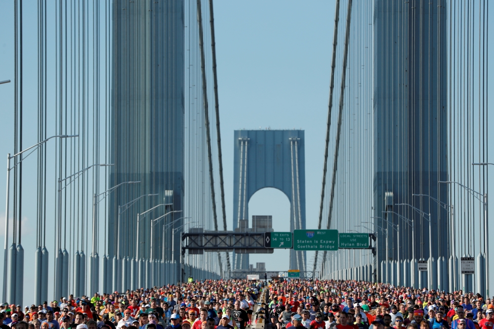 New York City Marathon - New York, New York, United States - November 3, 2019 General view of race participants in action on the Verrazzano-Narrows Bridge during the marathon REUTERS/Lucas Jackson/File Photo