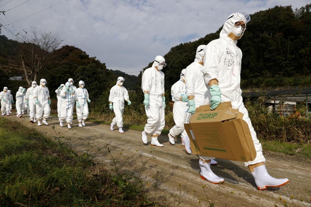 Officials in protective suits head to a poultry farm for a suspected bird flu case in Higashikagawa, western Japan, in this photo taken by Kyodo November 8, 2020. Mandatory credit Kyodo/via REUTERS/File Photo