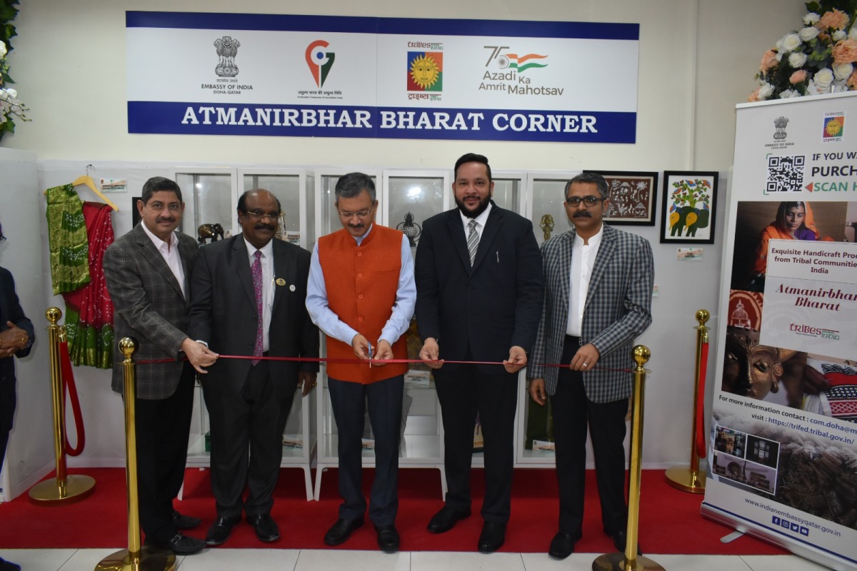Ambassador of India to Qatar H E Dr. Deepak Mittal (centre) inaugurating the ‘Aatmanirbhar Bharat Corner’ at the embassy. 
