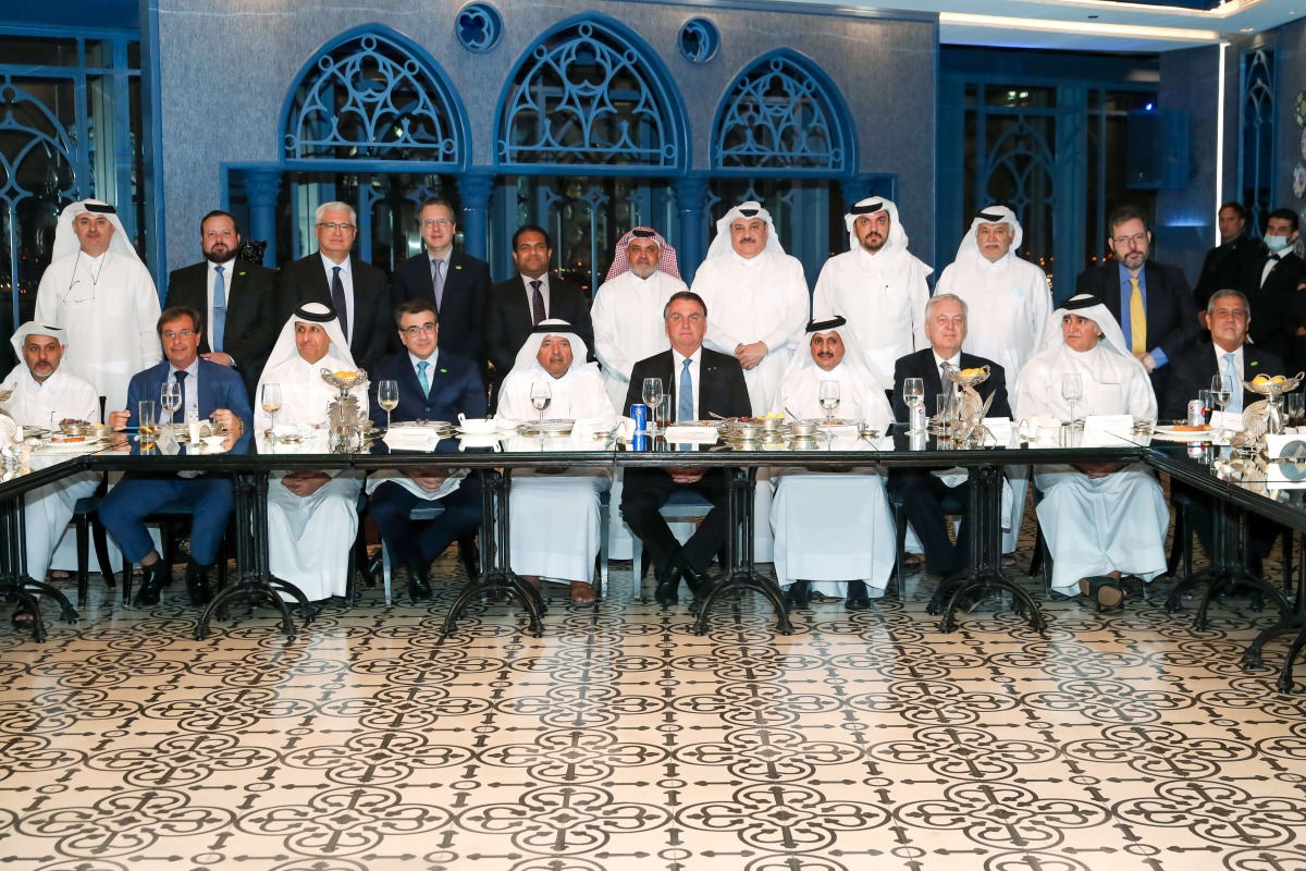 President of the Federal Republic of Brazil H E Jair Bolsonaro; QBA Chairman Sheikh Faisal bin Qassim Al Thani; QBA Board member Sheikh Nawaf bin Nasser Al Thani and other dignitaries with Brazilian delegation during private dinner hosted by QBA.