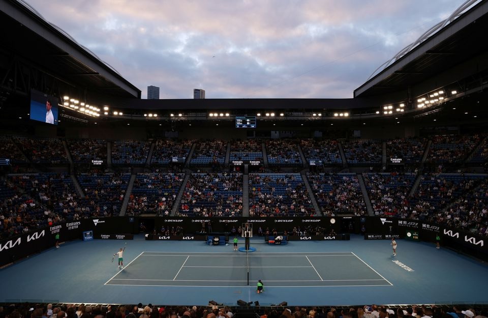Melbourne Park, Melbourne, Australia, February 21, 2021 General view during the final between Serbia's Novak Djokovic and Russia's Daniil Medvedev. REUTERS/Loren Elliott

