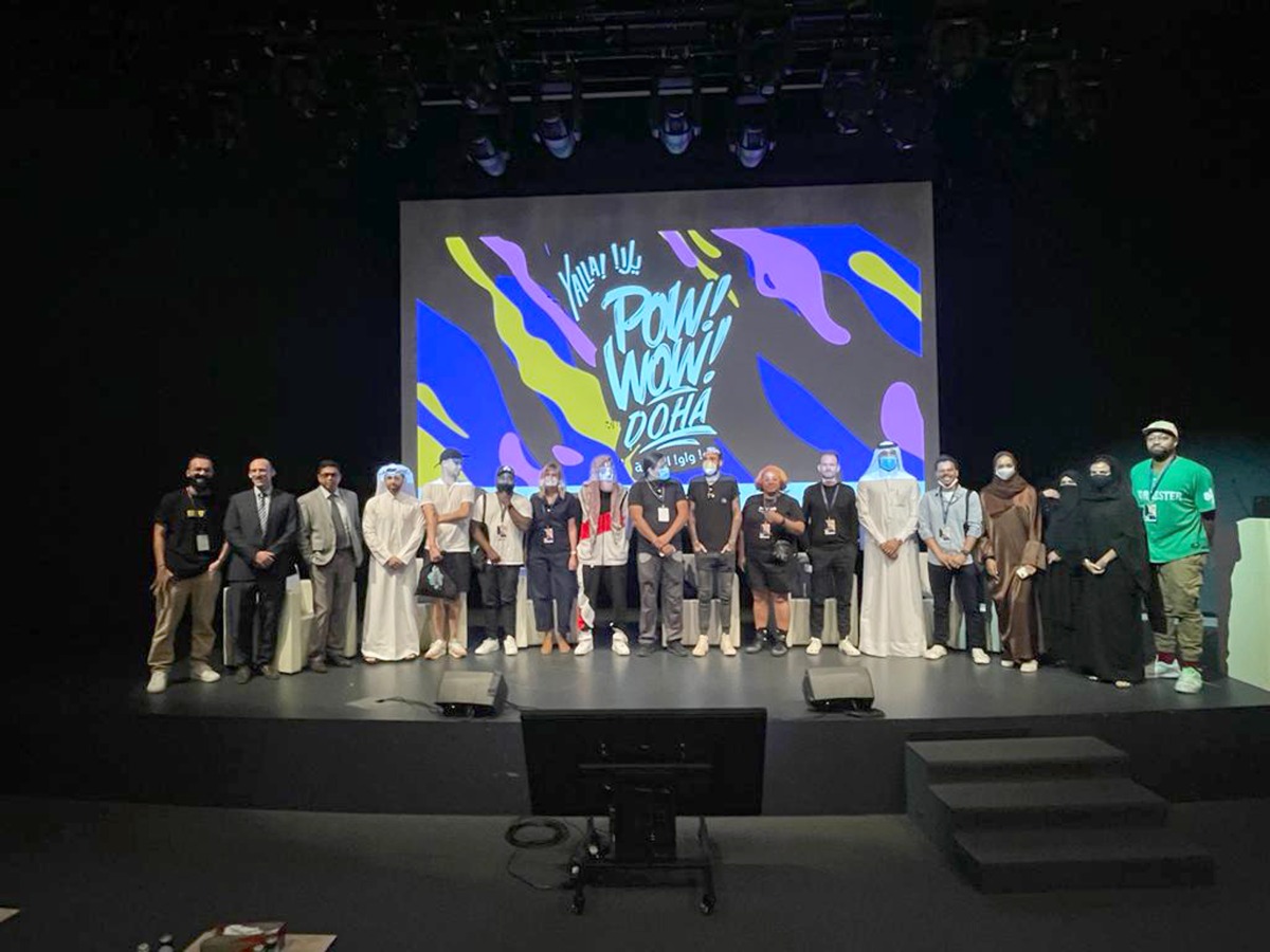 Qatar Museums (QM) Director of Public Art Arch, Abdulrahman Ahmad Al Ishaq; QM Public Art Curatorial Assistant, Sarah Foryame Lawler; QM Public Art Planning Specialist Dimitrije Bugarski; Founder of POW! WOW! representative Che Anderson, artists, and other officials at the National Museum of Qatar. Pic: Joelyn Baluyut/The Peninsula