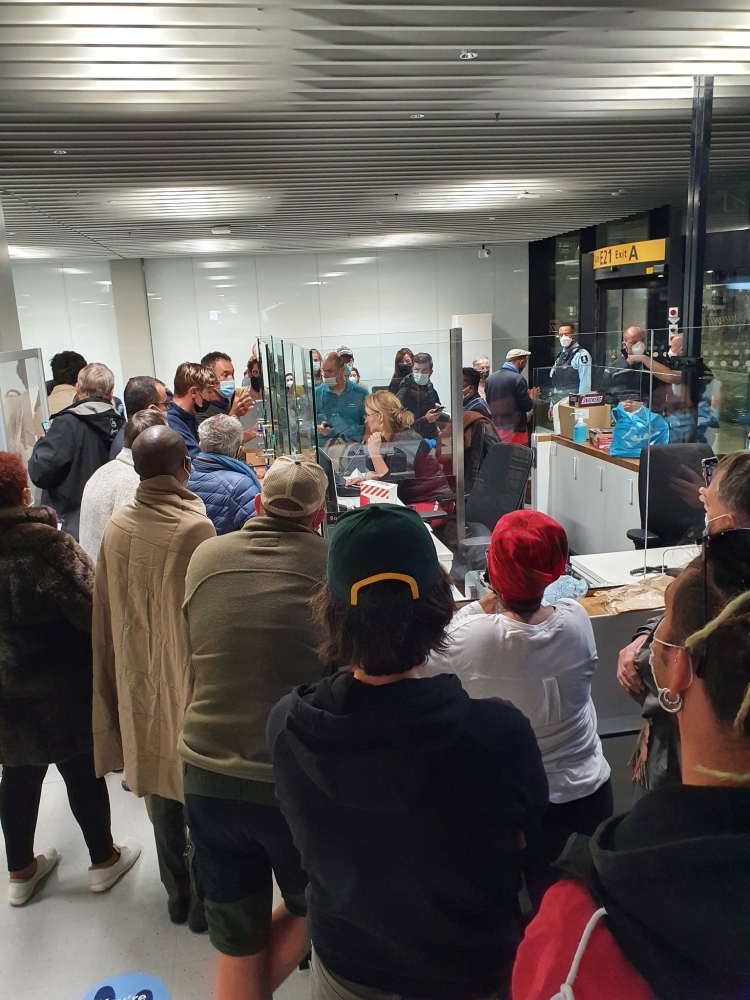 Passengers waiting on their coronavirus disease (COVID-19) test results at Schiphol Airport, in Amsterdam, the Netherlands in this picture obtained November 27, 2021 via social media. photo obtained by Reuters