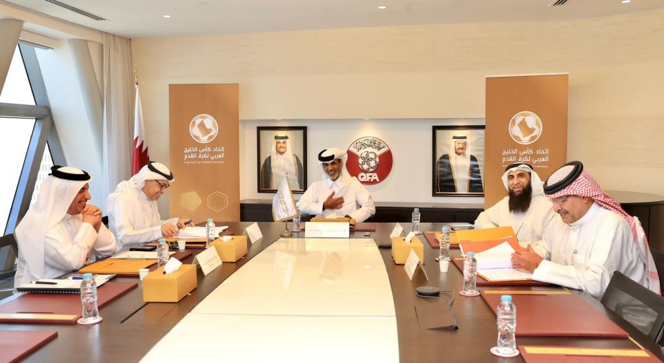 President of the Arab Gulf Cup Football Federation (AGCFF) Sheikh Hamad bin Khalifa bin Ahmed Al Thani chairs a meeting of the Executive Office of the Federation at Al Bidda Tower, yesterday.