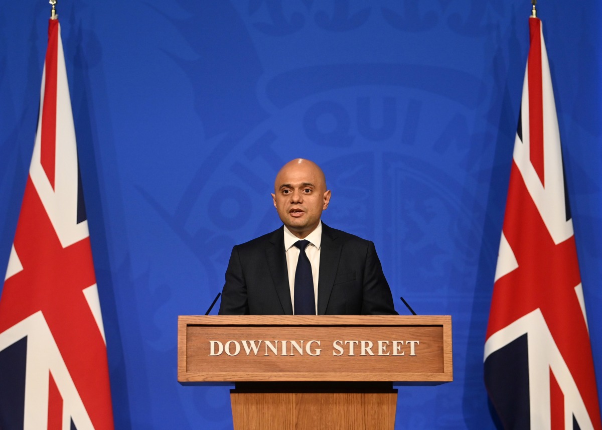 Britain's Health Secretary Sajid Javid speaks during a press conference held in Downing Street, London, Britain, October 20, 2021. REUTERS/Toby Melville/Pool


