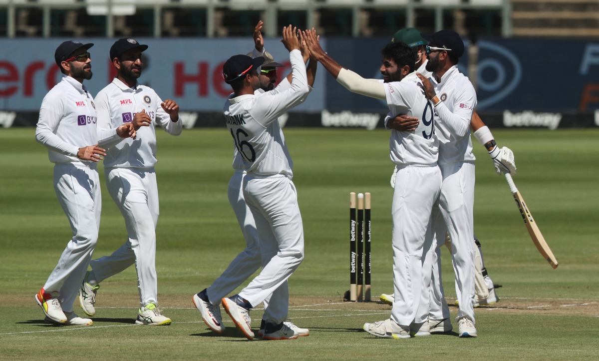 India's Jasprit Bumrah celebrates taking the wicket of South Africa's Aiden Markram with teammates REUTERS/Sumaya Hisham