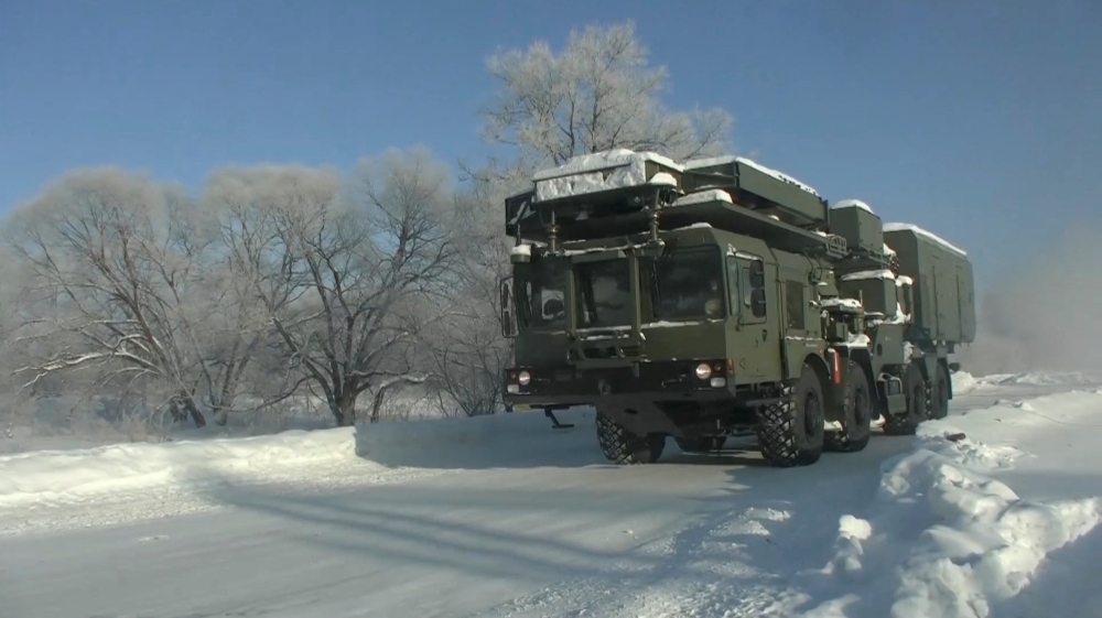 A radar vehicle of the S-400 Triumph surface-to-air missile system drives along a road on the way to Belarus to join military drills, in Khabarovsk region, Russia, in this still image taken from video released January 21, 2022. Russian Defence Ministry