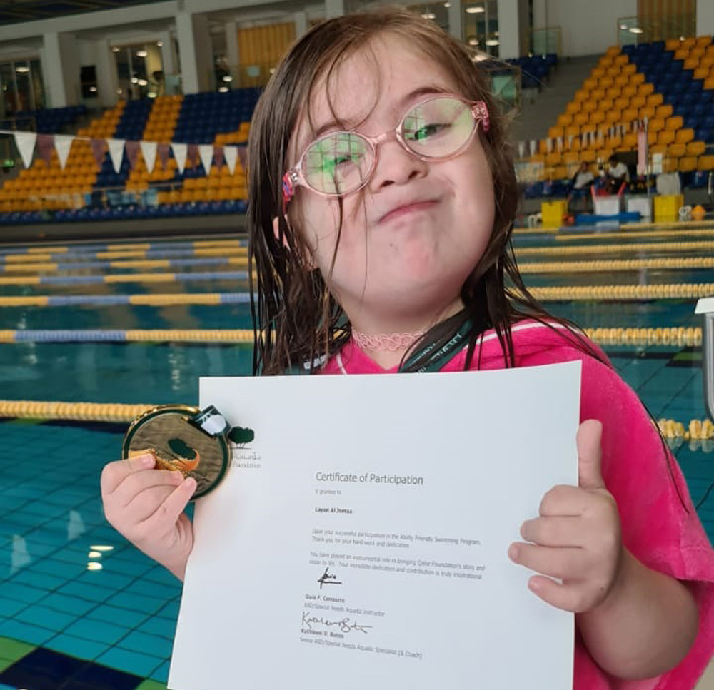 Layaan Al Jomaa, 5, attends specialised swimming classes every week at Qatar Foundation program.
