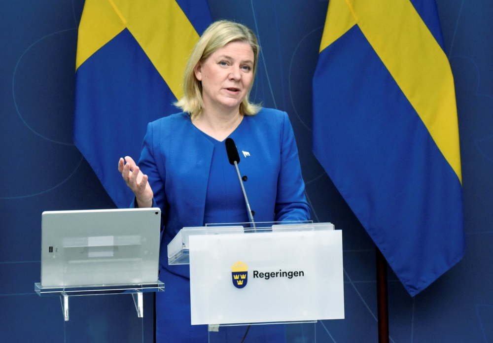 Sweden's Prime Minister Magdalena Andersson speaks during a digital press conference, as she announces that Sweden will lift nearly all coronavirus disease (COVID-19) restrictions on February 9, in Stockholm, Sweden, February 3, 2022. Marko Savala/TT News Agency/via REUTERS