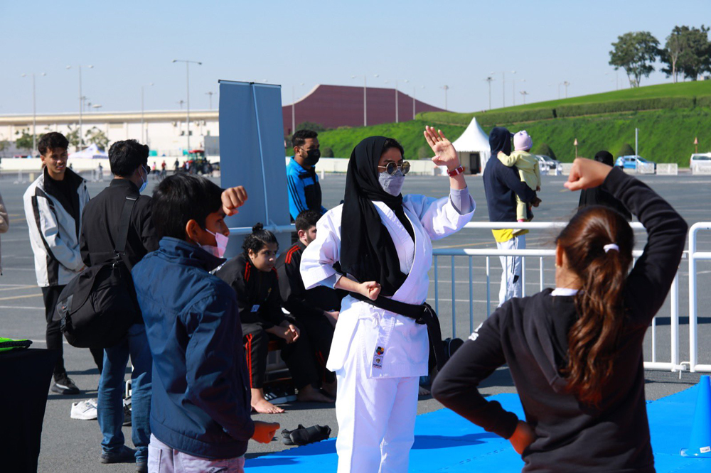 Children taking part in karate at Katara during Sport Day celebrations, yesterday.